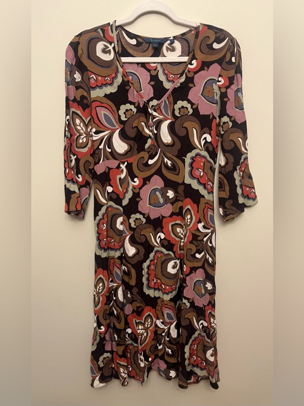Boden Mod Floral 3/4 Sleeve Dress Women's Size 10R Vintage Style Boho Hippie